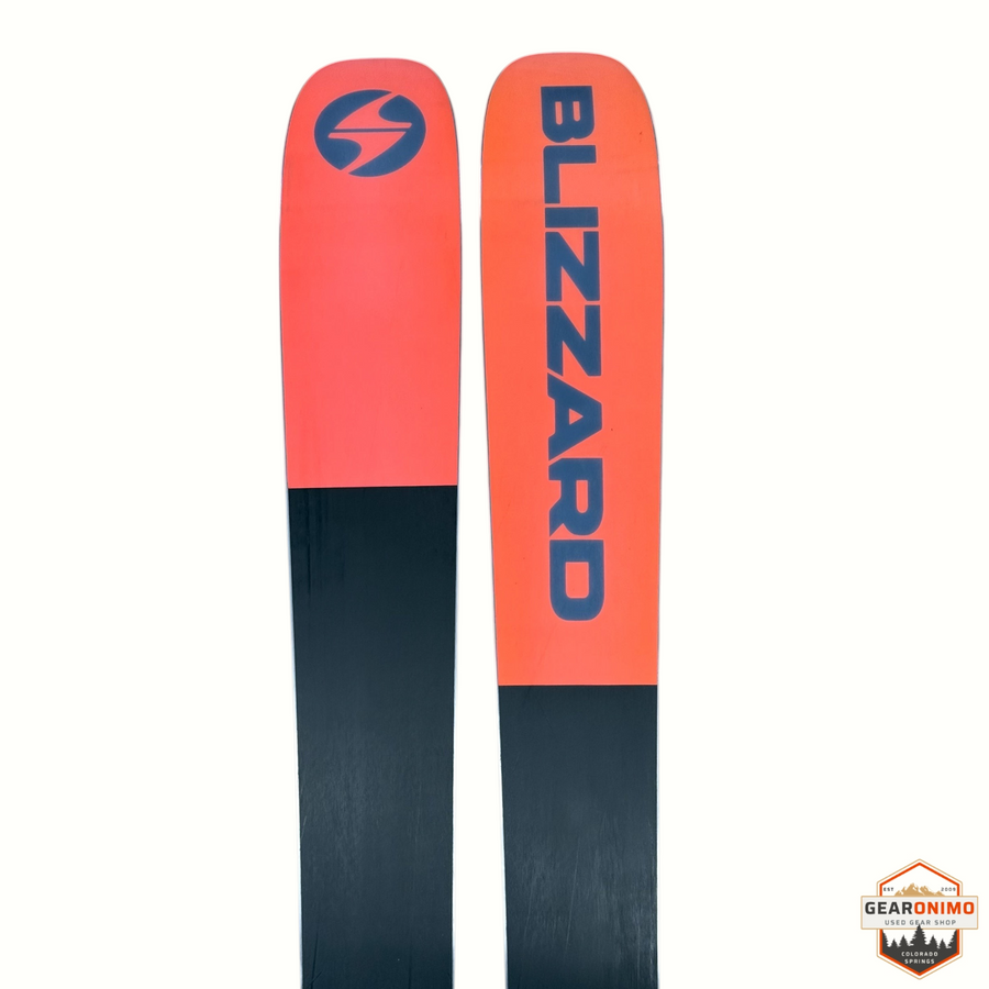 Gearonimo Sports Blizzard Rustler 10 skis featuring a black and bright orange design with the Blizzard logo