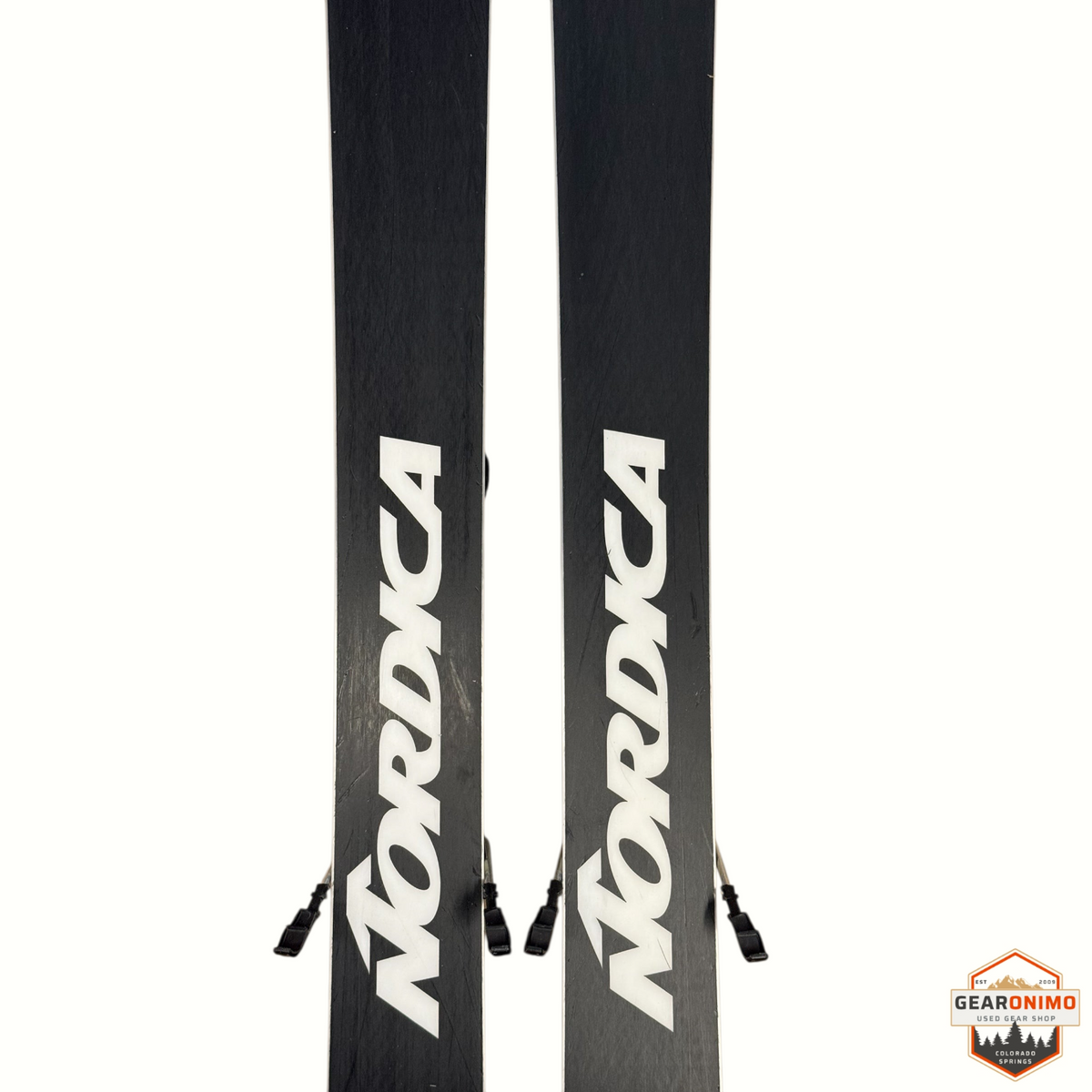 Gearonimo Sports Nordica Santa Ana 92 skis in black with white branding and Marker Squire 11 bindings