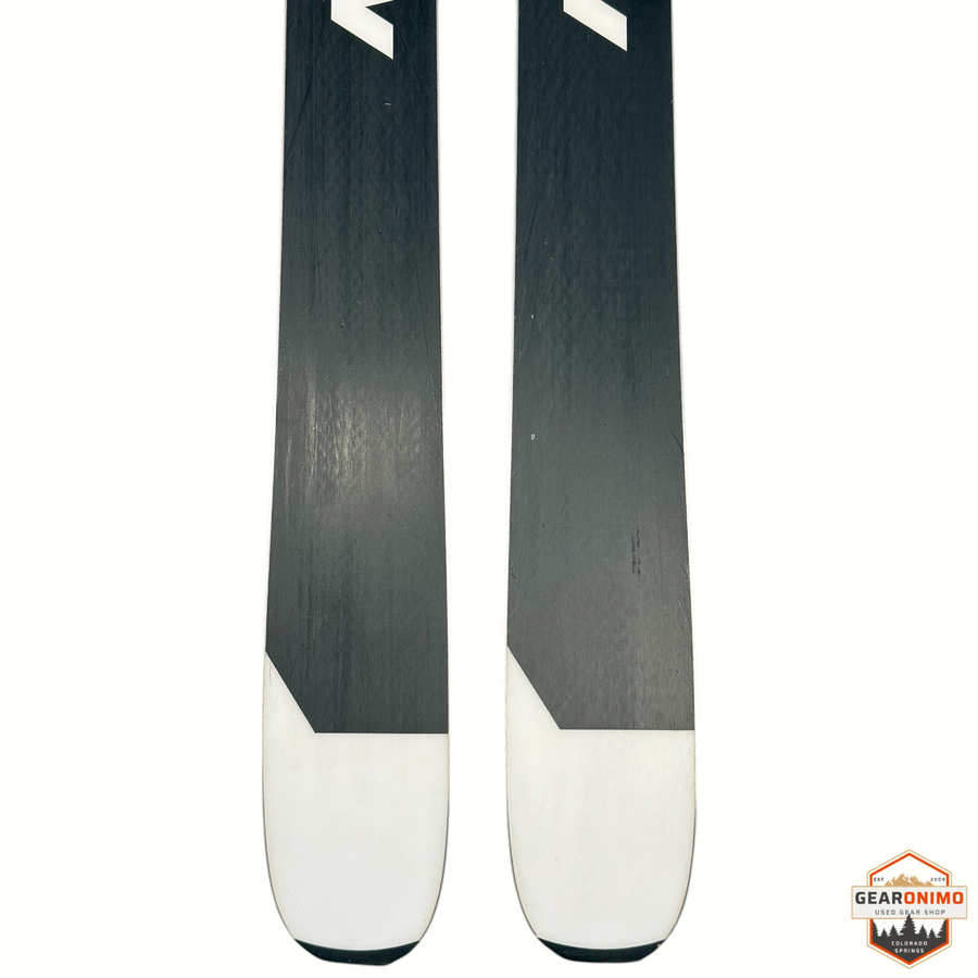 Gearonimo Sports Nordica Santa Ana 92 skis featuring a black and white base design, shown from the tip view.