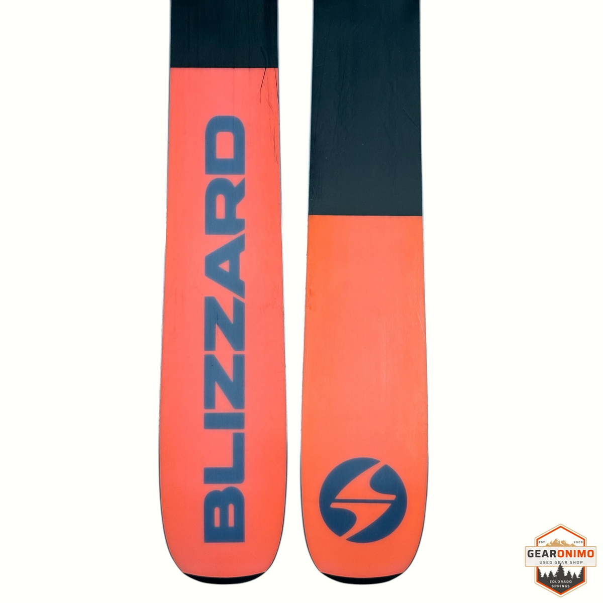 Gearonimo Sports Blizzard Rustler 10 skis in orange and black with blue branding, 168cm length