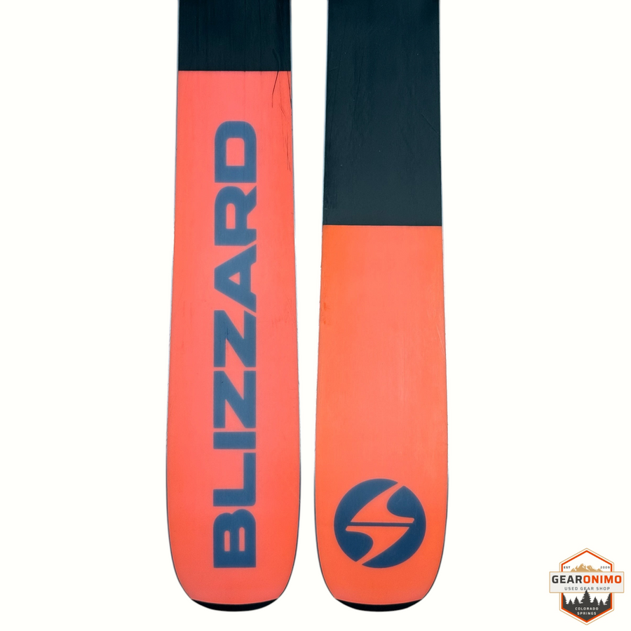 Gearonimo Sports Blizzard Rustler 10 skis in orange and black with blue branding, 168cm length