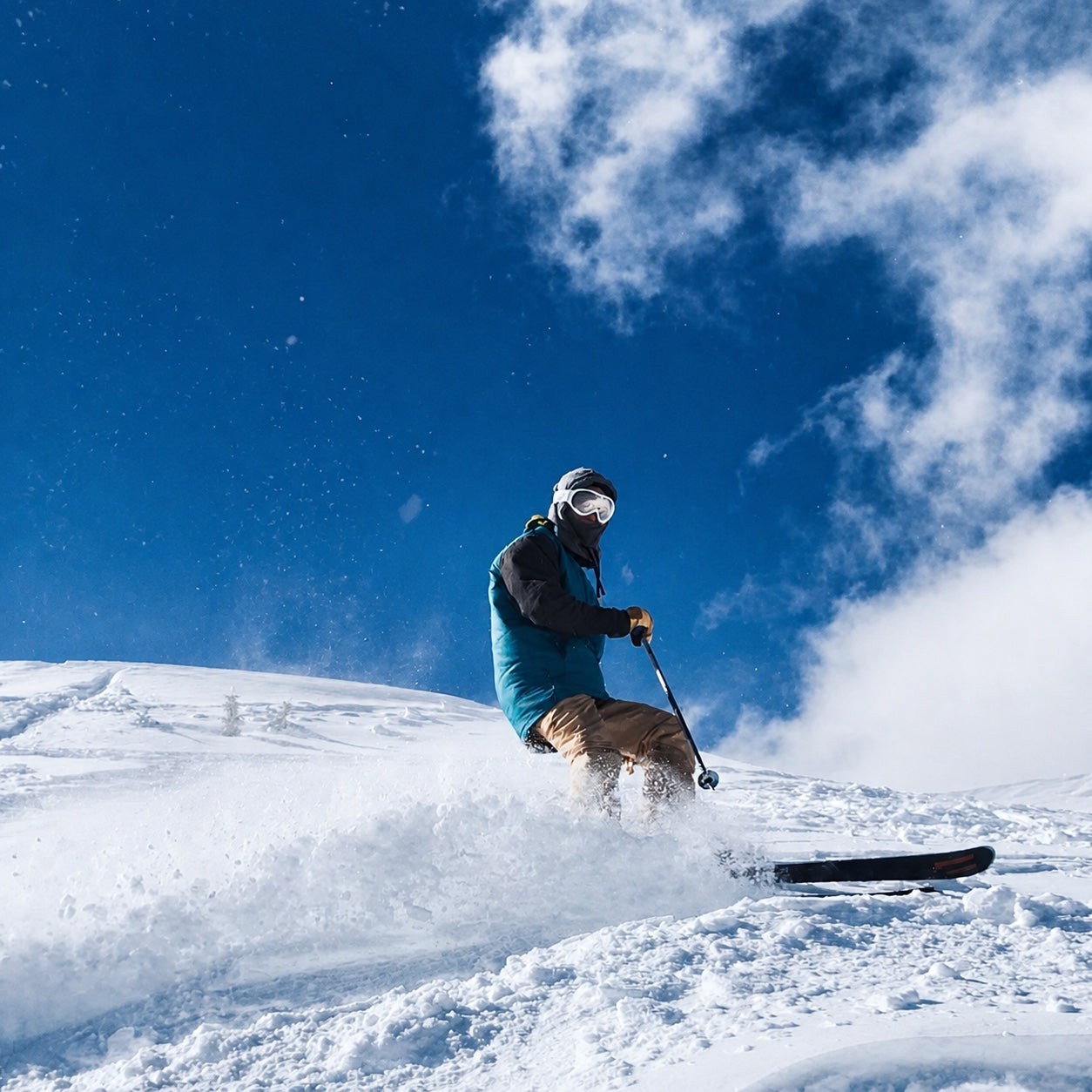 Skier carving through fresh snow